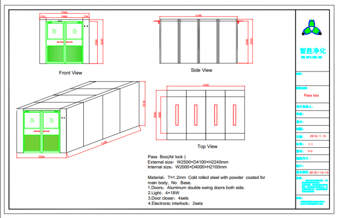 Großer Luft-Duschdurchlauf-Kasten für Ausgangs-Einheit/Reinraum-Durchlauf durch Fenster 0