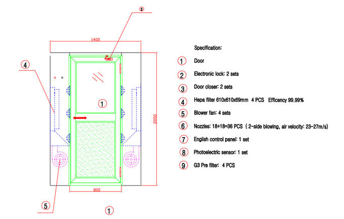 Luft-Duschecleanroom der Tiefen-3000mm mit manuellen Türen für sechs Leute 5